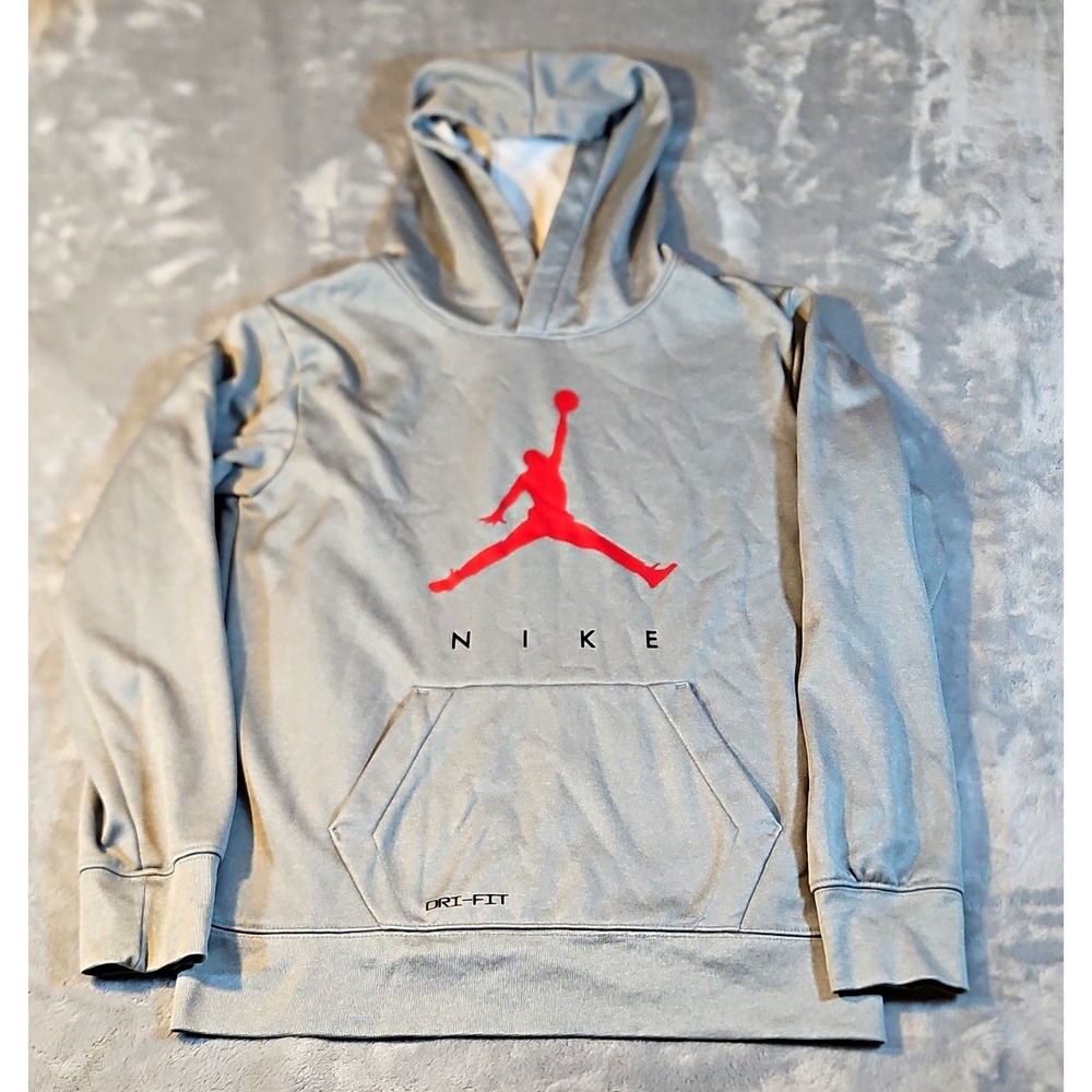Jordan Nike Dri-FIT Boys L Gray Fleece Hoodie Jumpman Logo Pockets